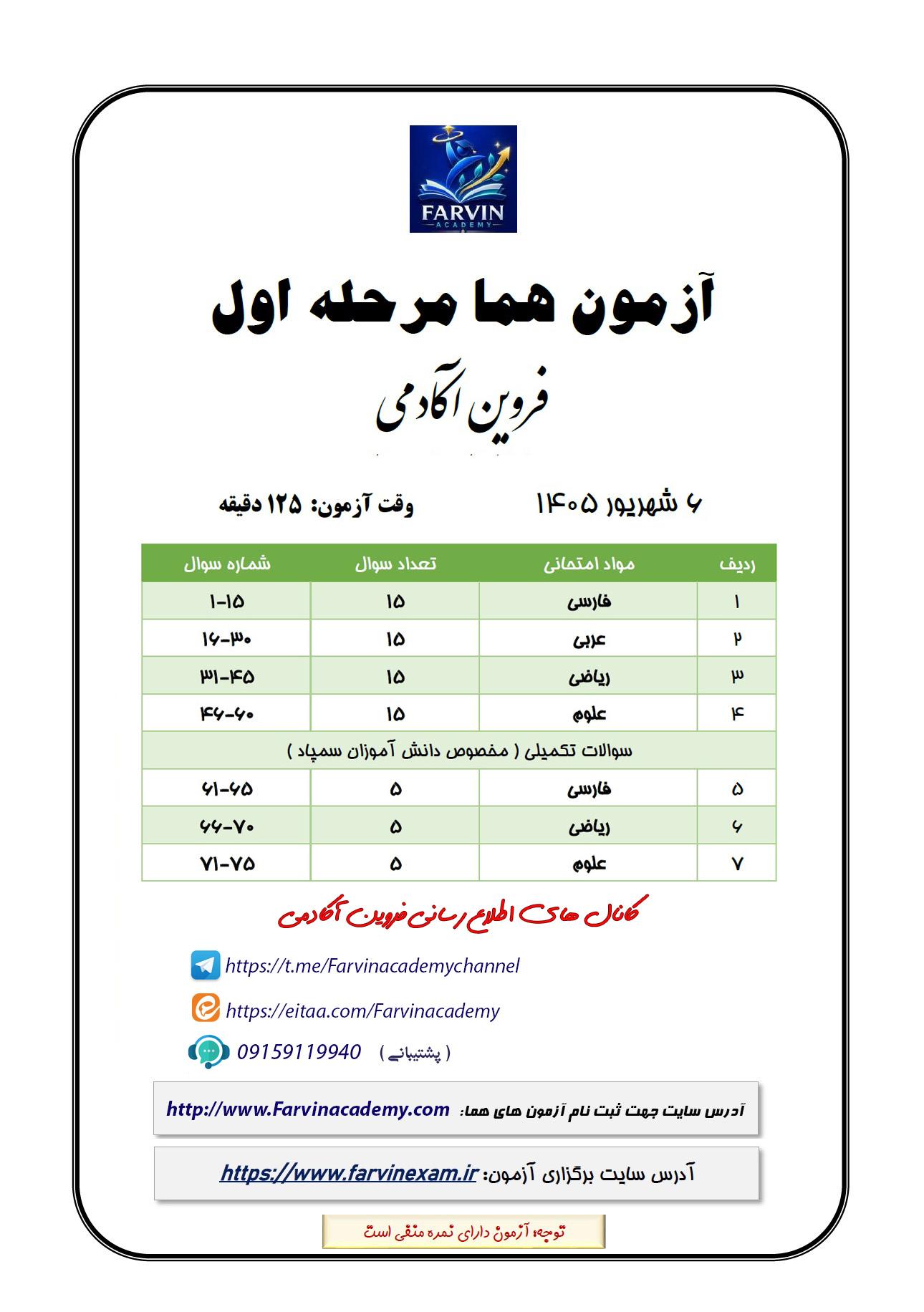 دریافت سوالات به همراه پاسخنامه سوالات مرحله اول هما